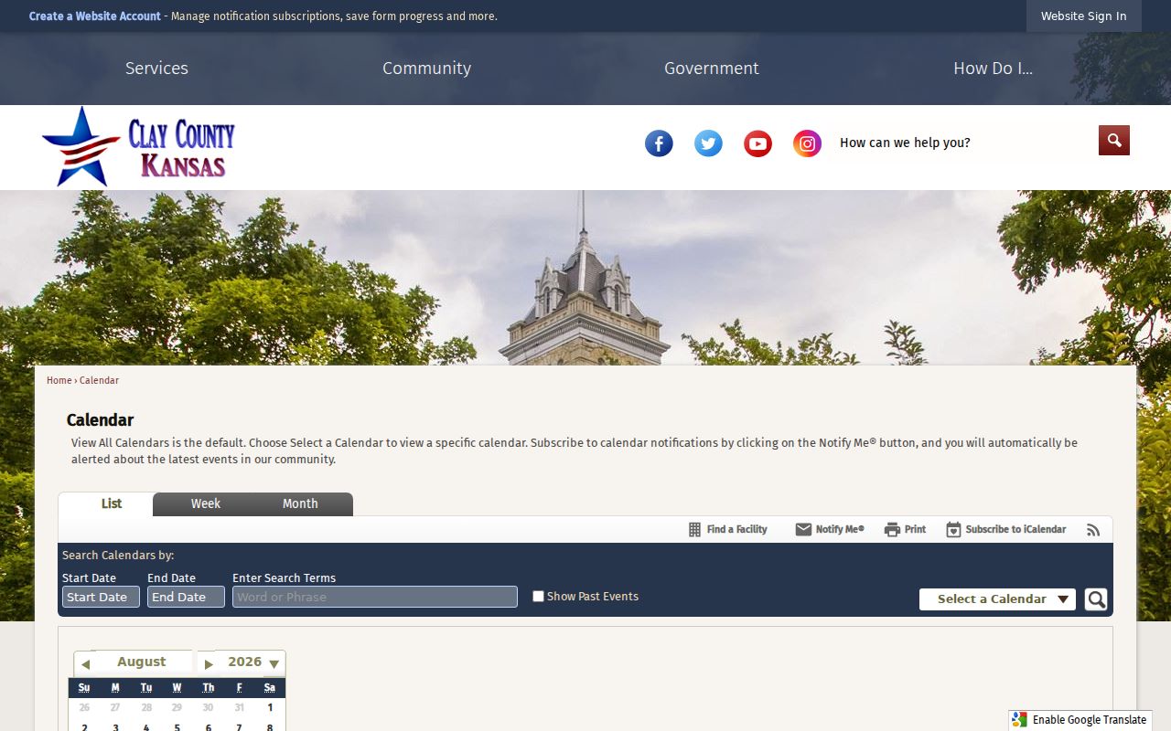 Clay County events calendar distinct from court dates